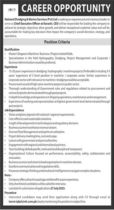 Jobs in National Dredging & Marine Services Private Limited Karachi